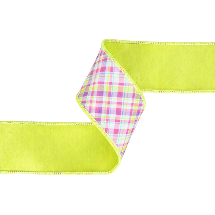 Bias Plaid Purple & Green with Green Taffeta Fused Back Wired Dupioni Ribbon - 2.5" - Greenery MarketWired Ribbon8226W-555-63E