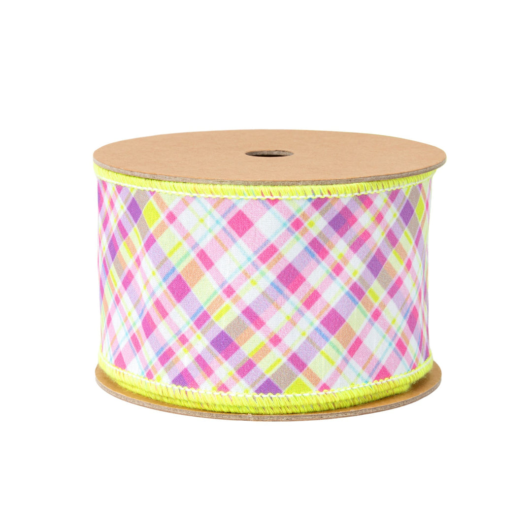 Bias Plaid Purple & Green with Green Taffeta Fused Back Wired Dupioni Ribbon - 2.5" - Greenery MarketWired Ribbon8226W-555-63E