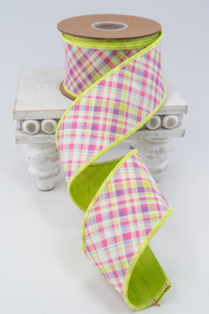 Bias Plaid Purple & Green with Green Taffeta Fused Back Wired Dupioni Ribbon - 2.5" - Greenery MarketWired Ribbon8226W-555-63E