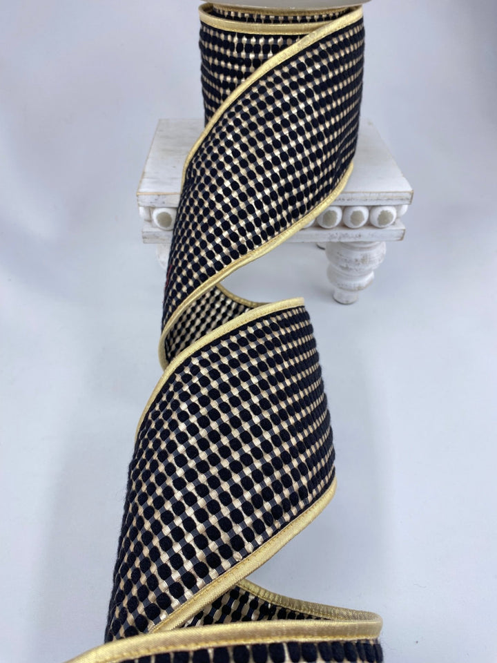 Black and champagne gold wired ribbon 4” - Greenery Market179757