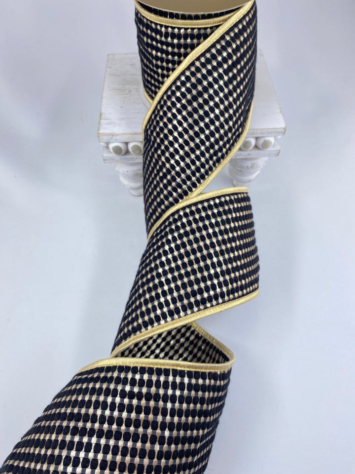 Black and champagne gold wired ribbon 4” - Greenery Market179757