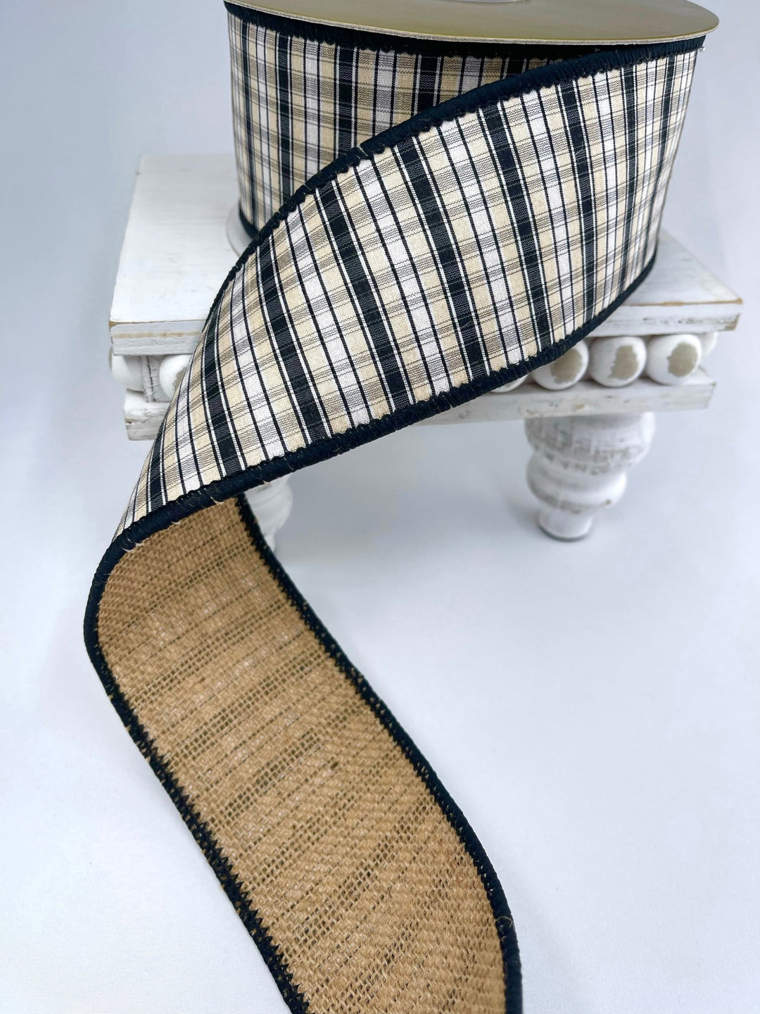 Black and cream plaid with burlap back ribbon - 2.5” - Greenery MarketWired ribbon237057