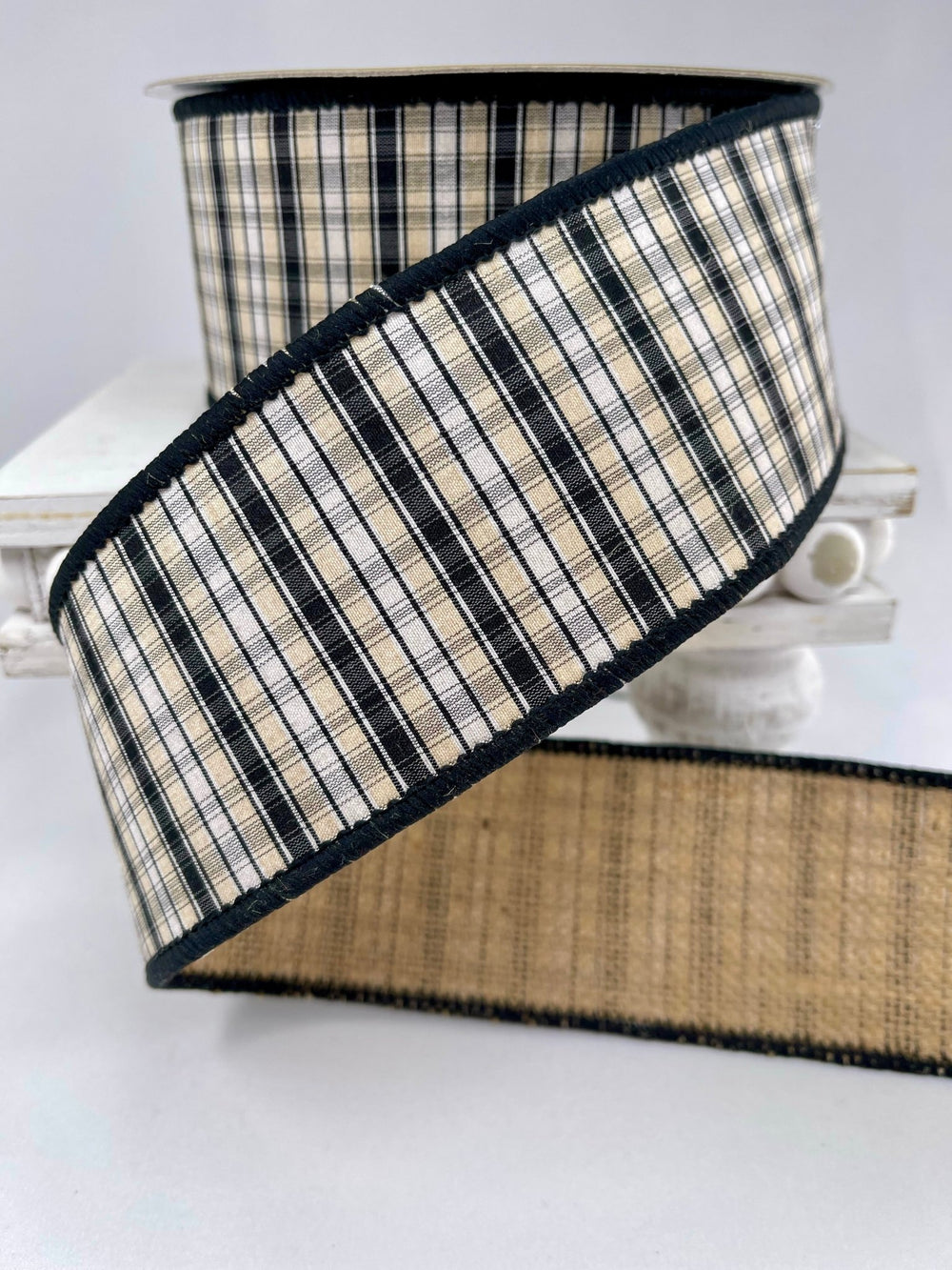 Black and cream plaid with burlap back ribbon - 2.5” - Greenery MarketWired ribbon237057