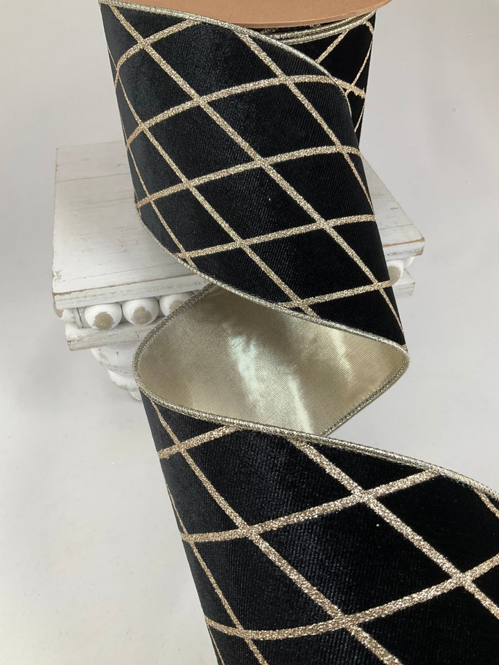 Black And Golden Wired Velvet Ribbon - 4" - Greenery Market7112W-030-100E