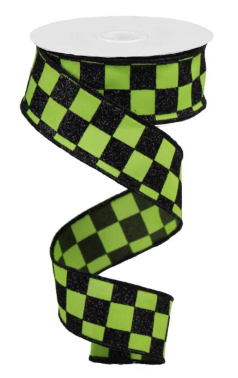 Black and lime green glittered check 1.5” - Greenery MarketWired ribbonRGB122933