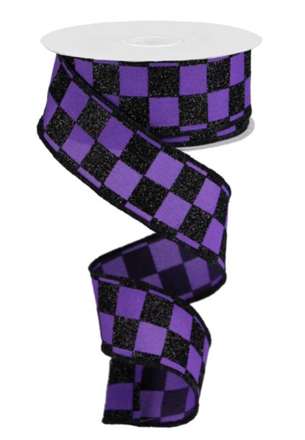 Black and purple glittered check 1.5” - Greenery MarketWired ribbonRGB123223