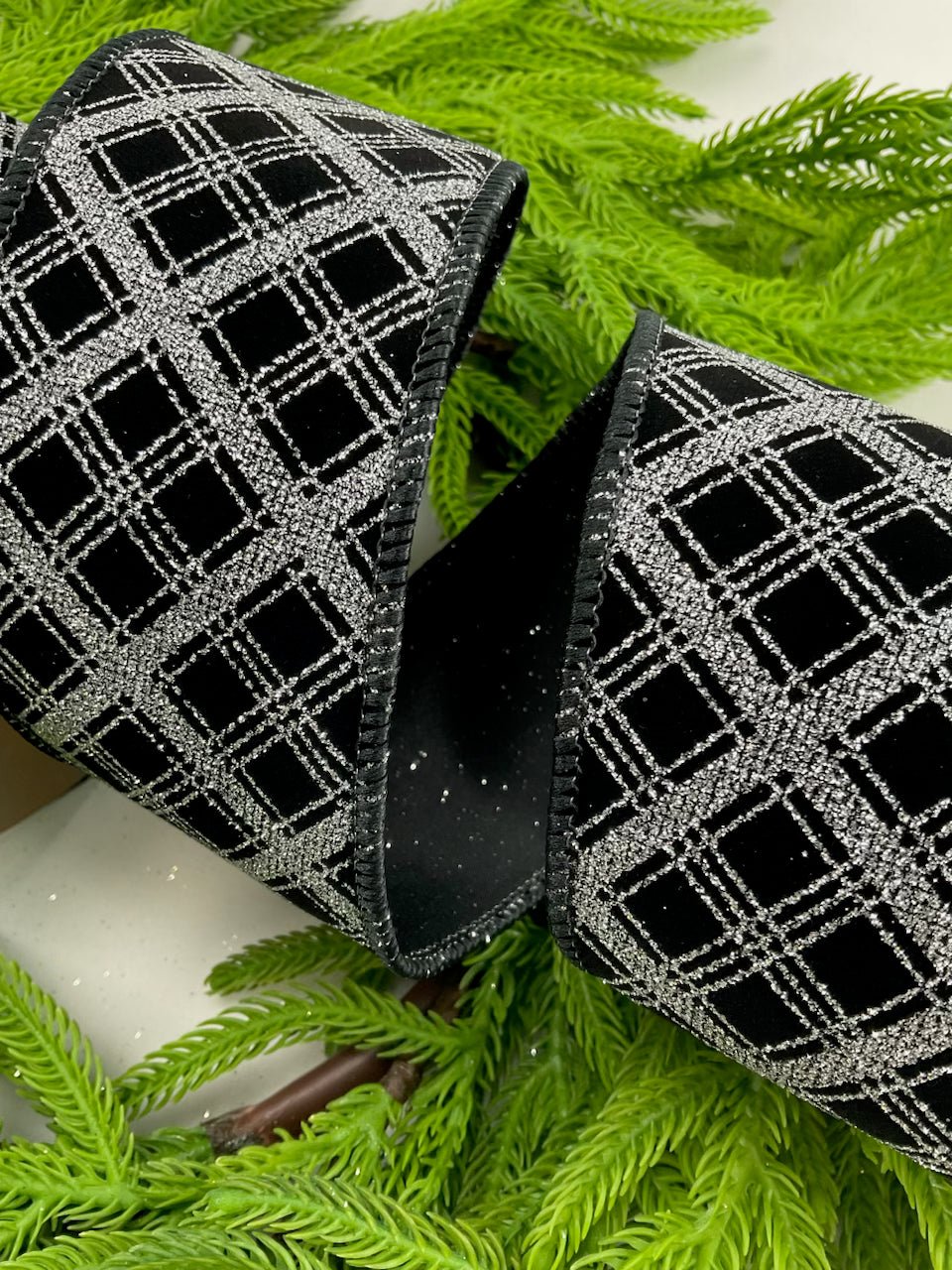 Black and silver glittered plaid wired ribbon 2.5” - Greenery MarketRibbons & Trim177380