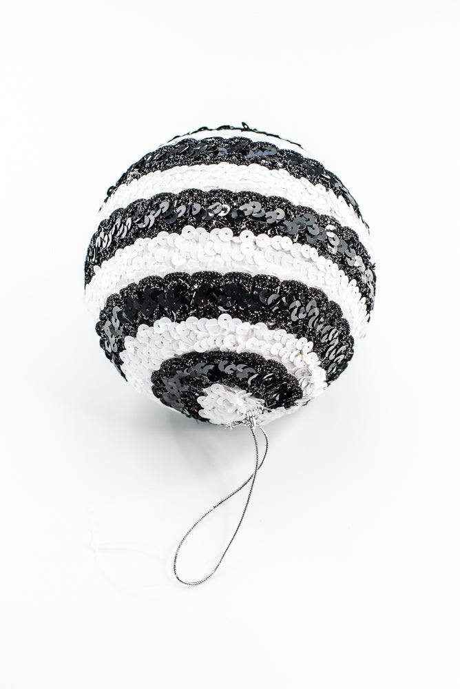 Black and White Stripe Sequin Ornament Ball - Greenery Market86275BKWT