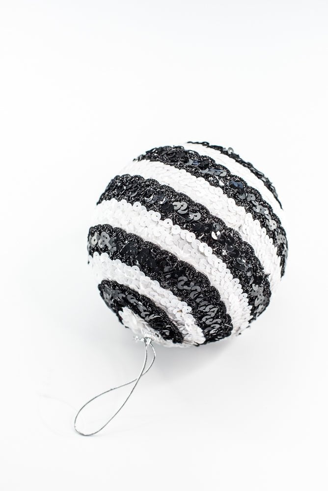 Black and White Stripe Sequin Ornament Ball - Greenery Market86275BKWT