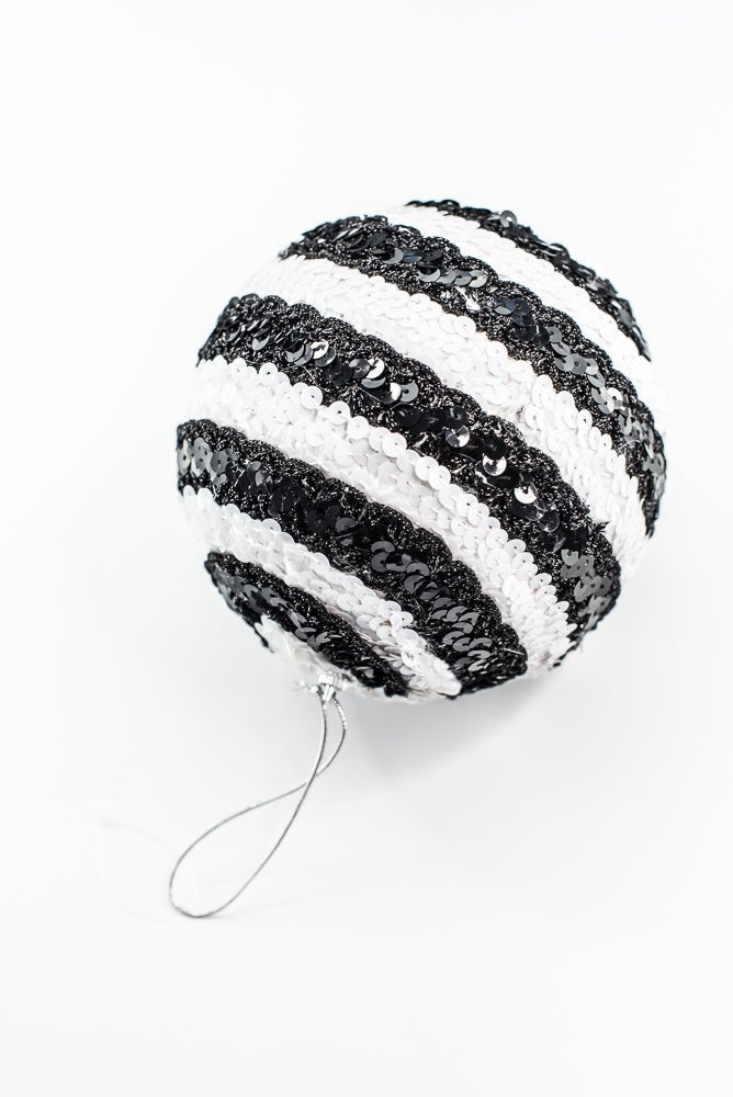 Black and White Stripe Sequin Ornament Ball - Greenery Market86275BKWT