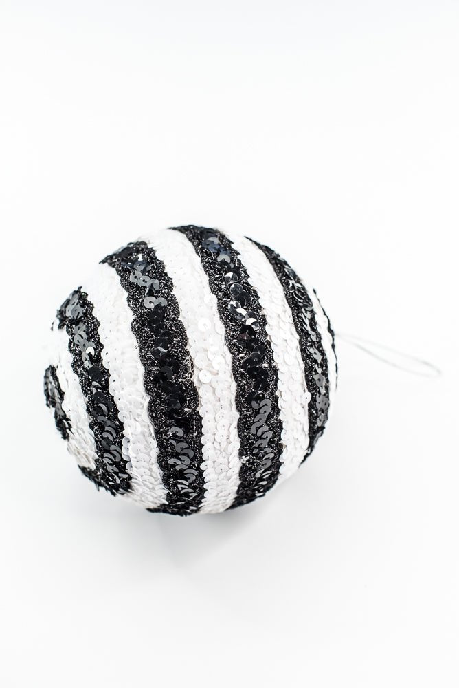 Black and White Stripe Sequin Ornament Ball - Greenery Market86275BKWT