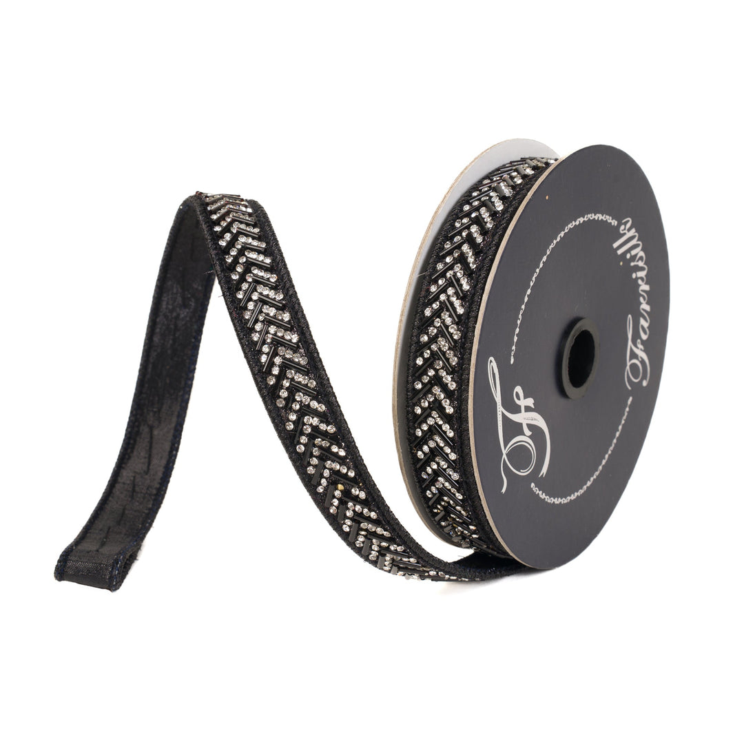 Black Chevron Crystal Trim Farrisilk Wired Ribbon - .75" - Greenery MarketRK812-92
