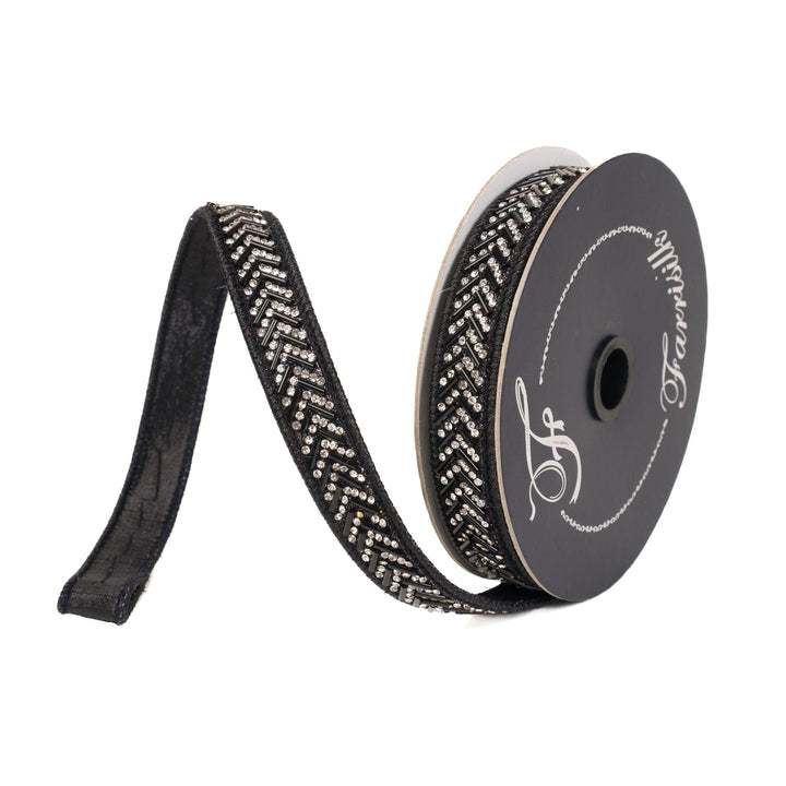 Black Chevron Crystal Trim Farrisilk Wired Ribbon - .75" - Greenery MarketRK812-92