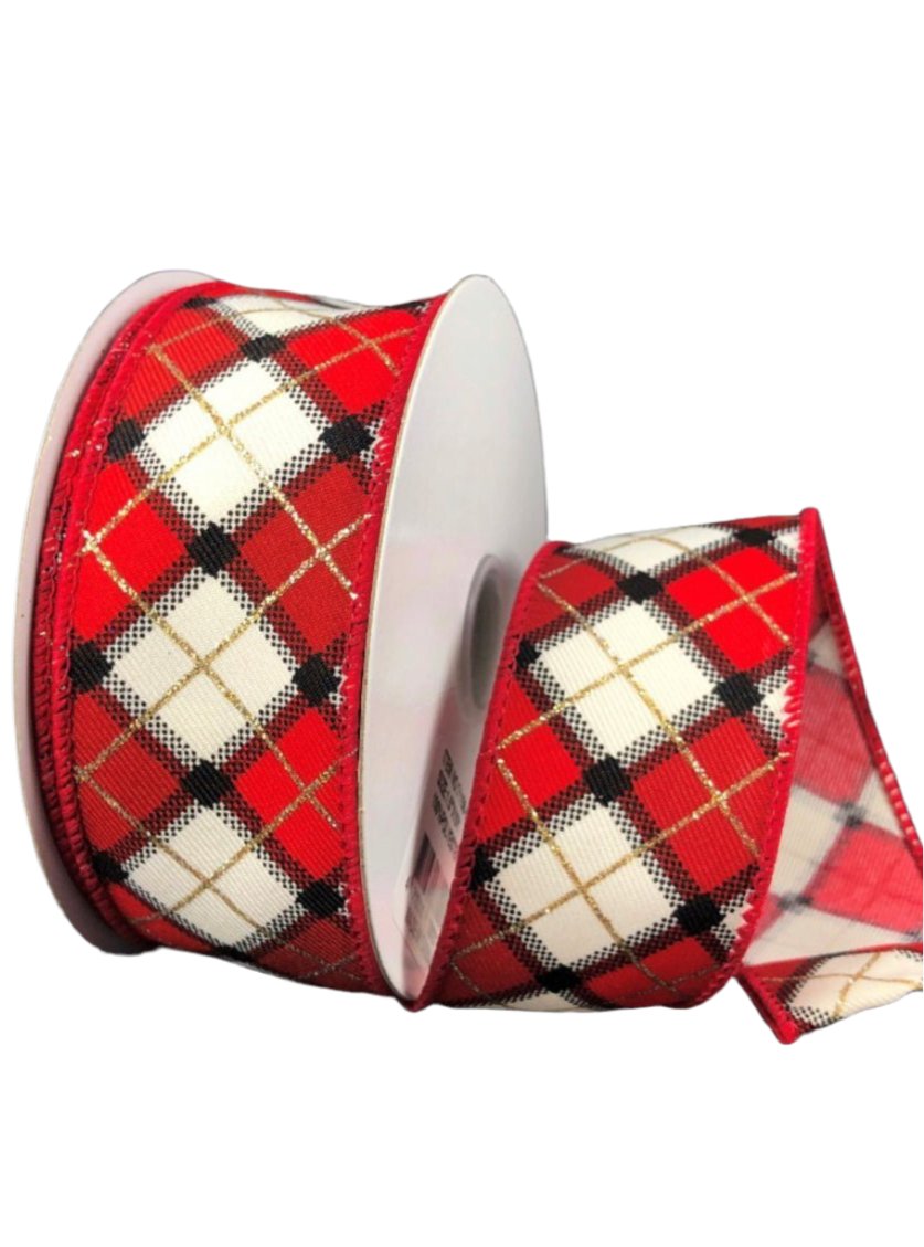 Black, cream, and red diamond plaid wired ribbon , 1.5