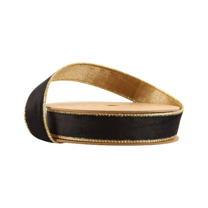 Black & Gold Reversible Classic Velvet Wired Ribbon - 1" - Greenery Market7115W - 030 - 25E