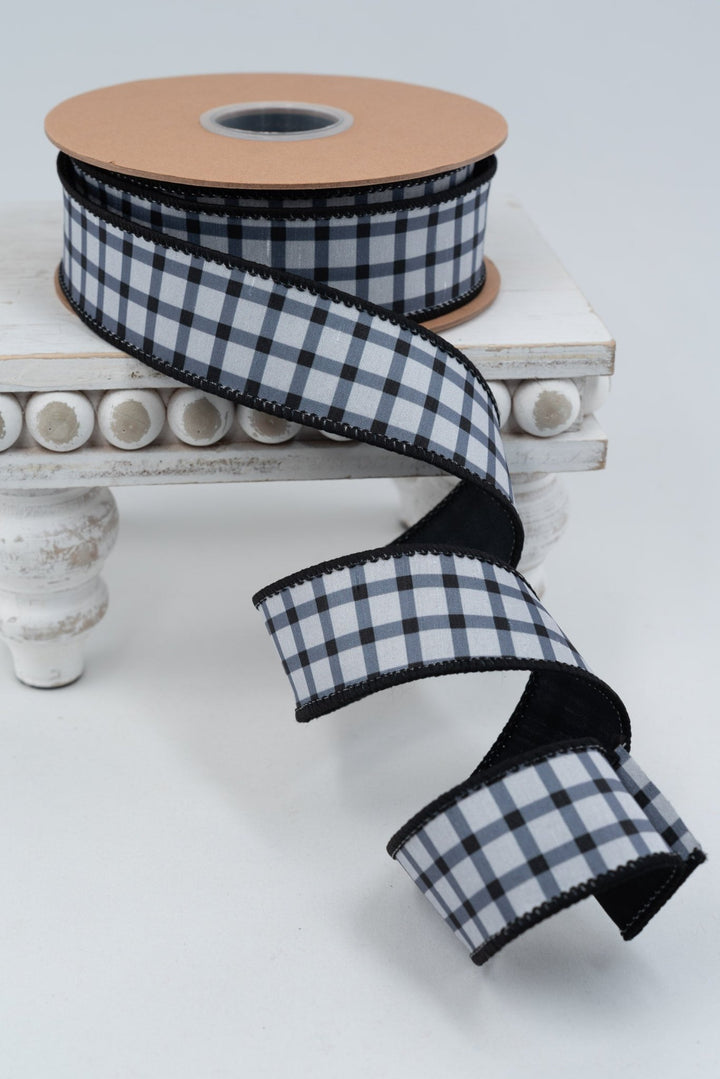 Black Grid On White with Black Backing Wired Dupioni Ribbon - 1.5" - Greenery MarketWired Ribbon9344W-038-38E