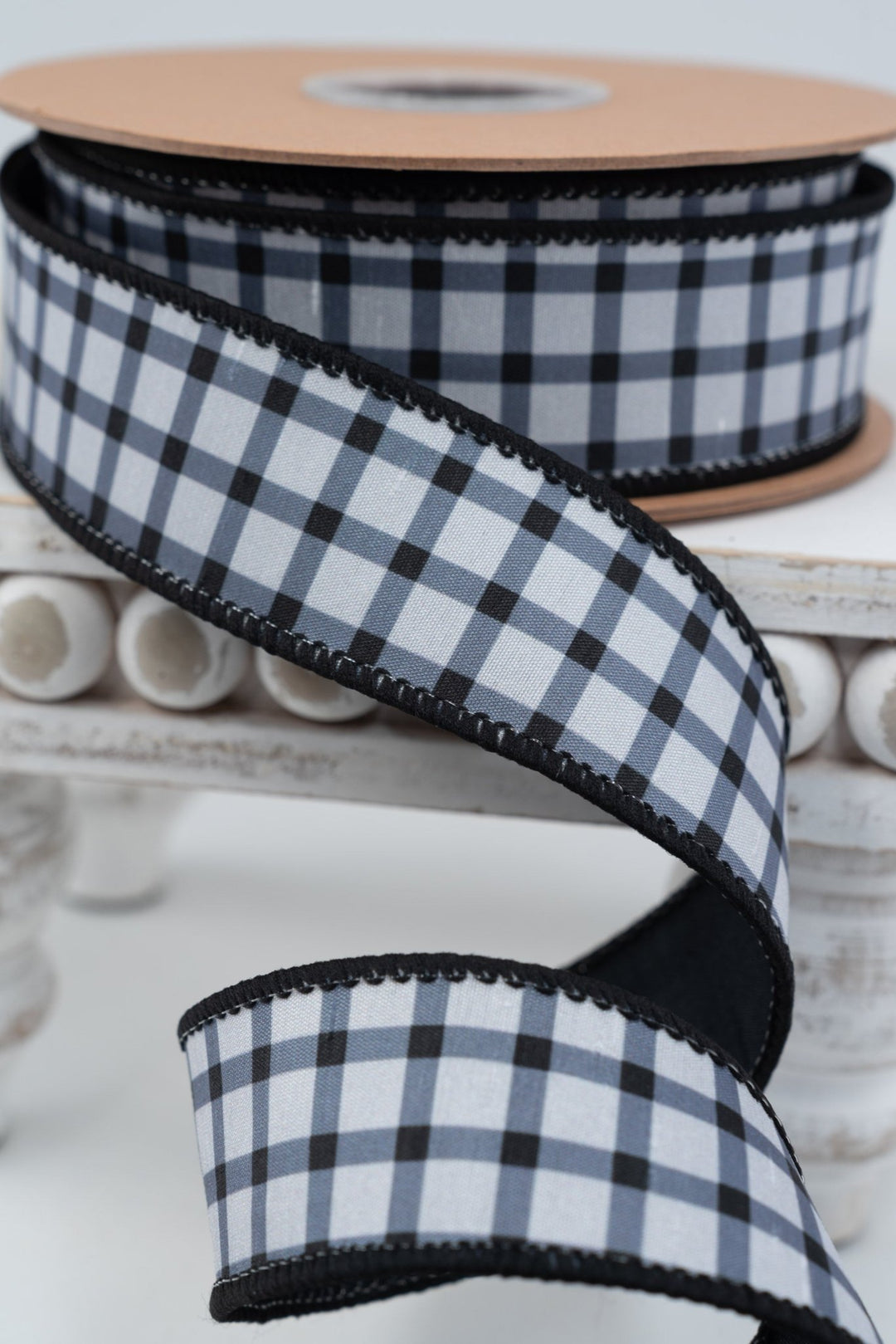 Black Grid On White with Black Backing Wired Dupioni Ribbon - 1.5" - Greenery MarketWired Ribbon9344W-038-38E