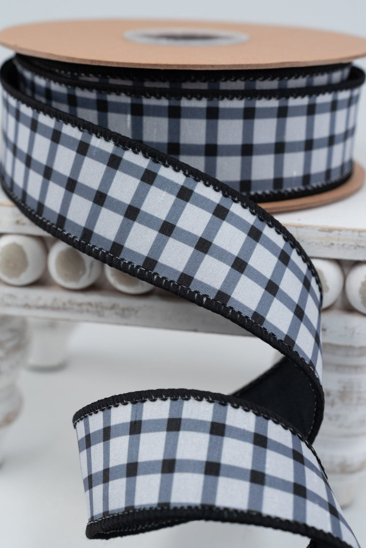 Black Grid On White with Black Backing Wired Dupioni Ribbon - 1.5" - Greenery MarketWired Ribbon9344W-038-38E