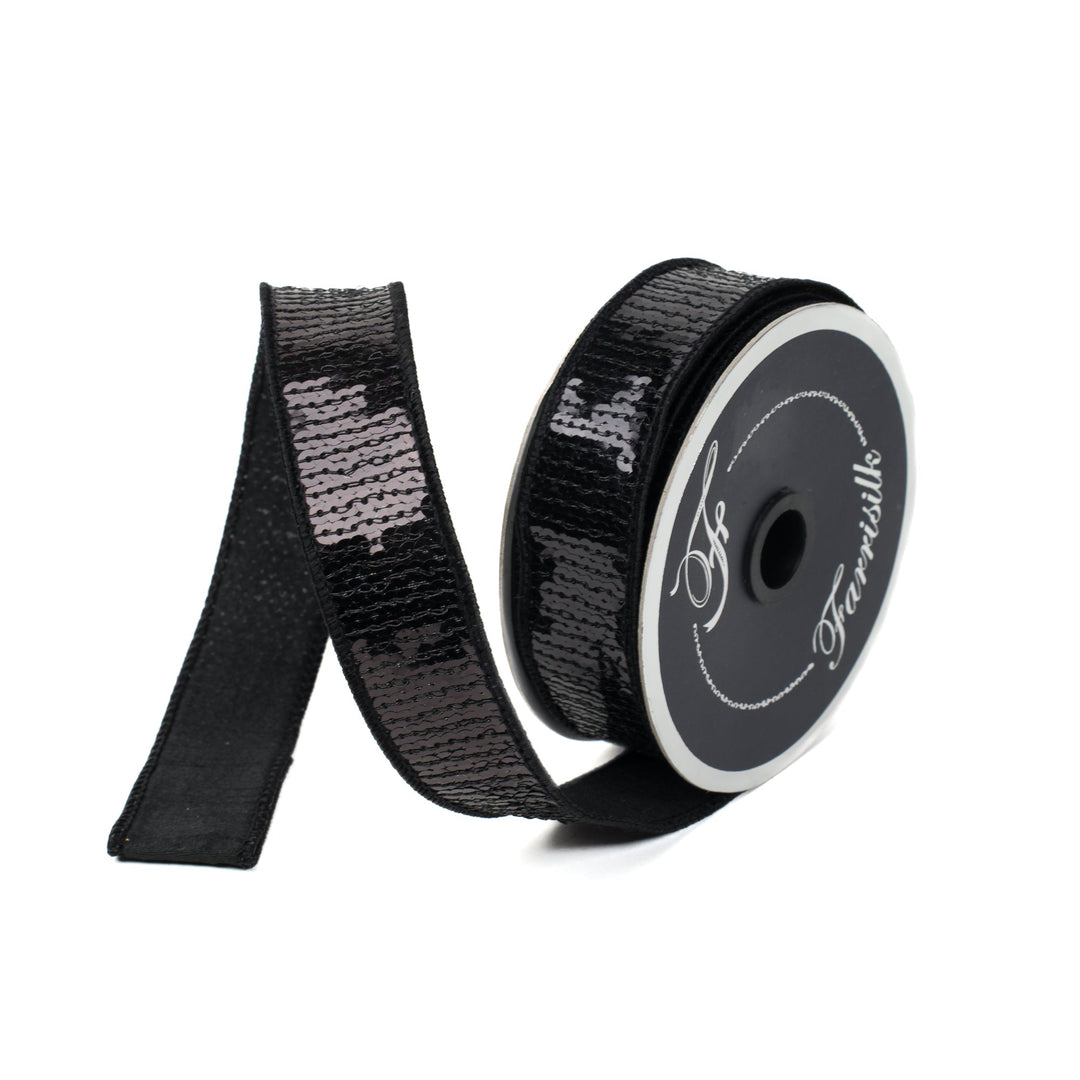 Black Sequin Shine Farrisilk Wired Ribbon - 1" - Greenery MarketRK760 - 92