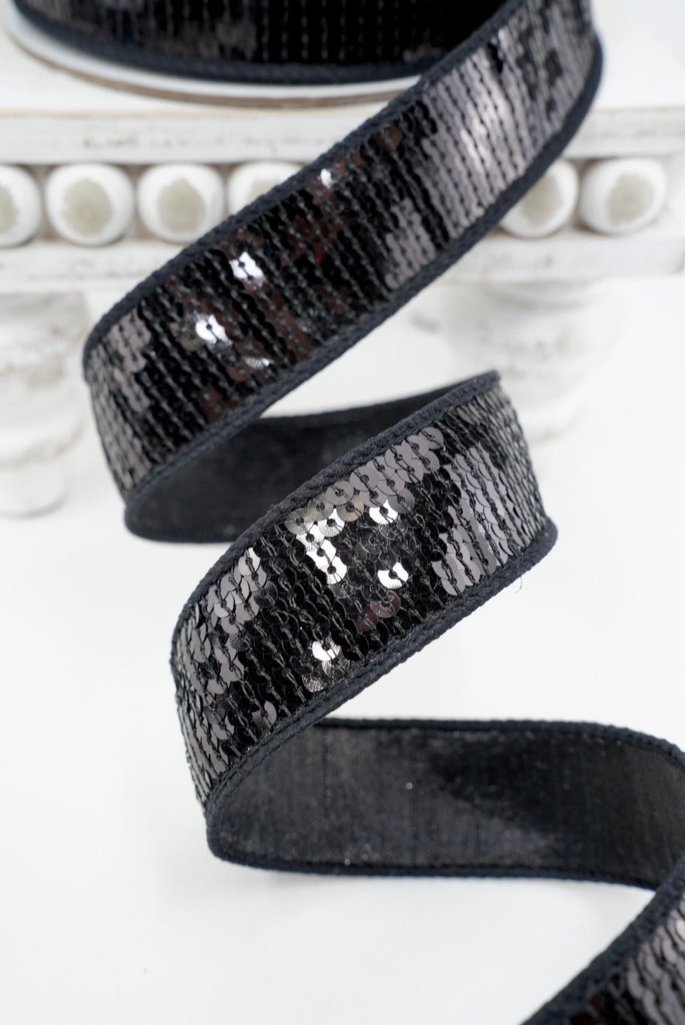 Black Sequin Shine Farrisilk Wired Ribbon - 1" - Greenery MarketRK760-92