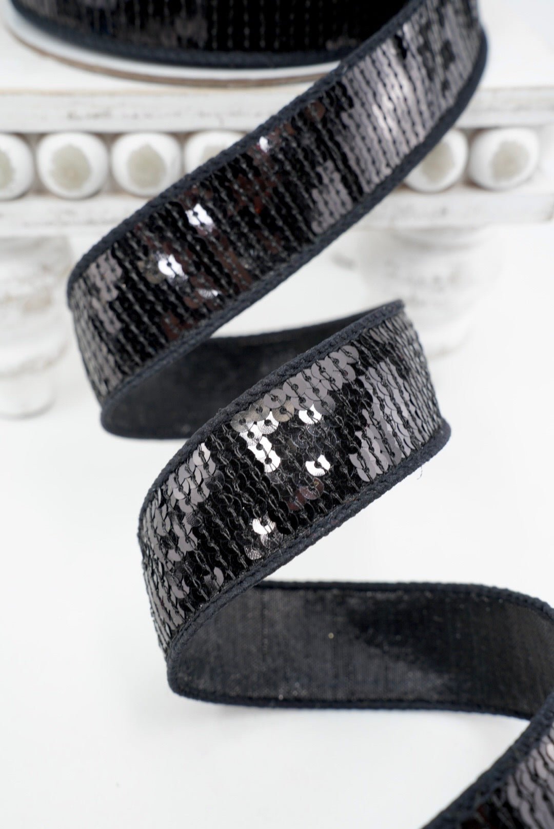 Black Sequin Shine Farrisilk Wired Ribbon - 1" - Greenery MarketRK760-92