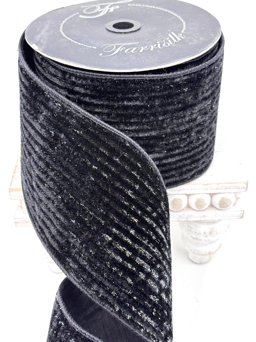 Black Tinsel Corduroy Farrisilk wired ribbon AS IS - 4” - Greenery Marketwired ribbonRK417-92