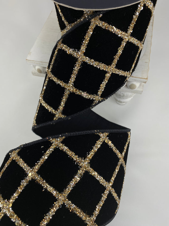 Black Velvet Glitter Lattice Farrisilk Wired Ribbon - 4" - Greenery MarketRG021 - 92