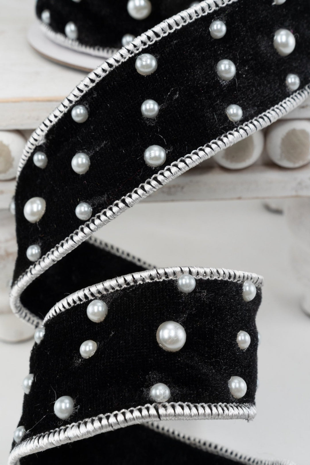 Black Velvet & Pearls Wired Ribbon - 1.5" - Greenery Market25-B375-BK