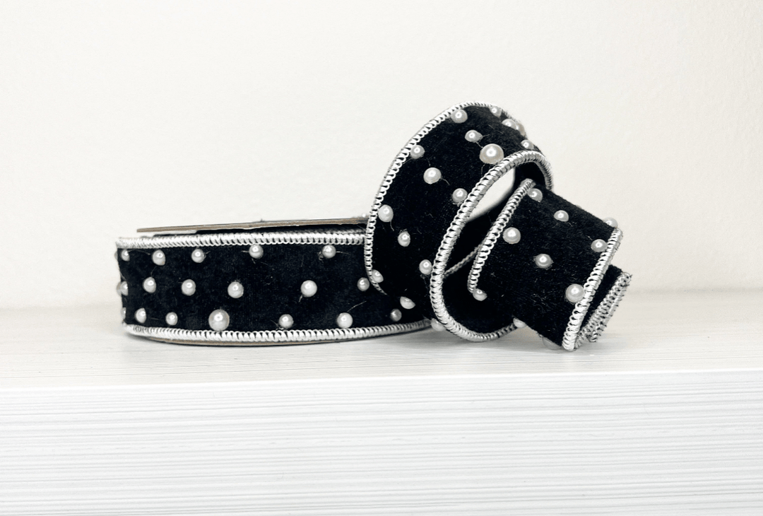 Black Velvet & Pearls Wired Ribbon - 1.5" - Greenery Market25 - B375 - BK