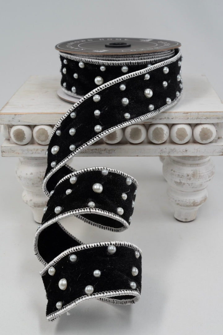 Black Velvet & Pearls Wired Ribbon - 1.5" - Greenery Market25-B375-BK