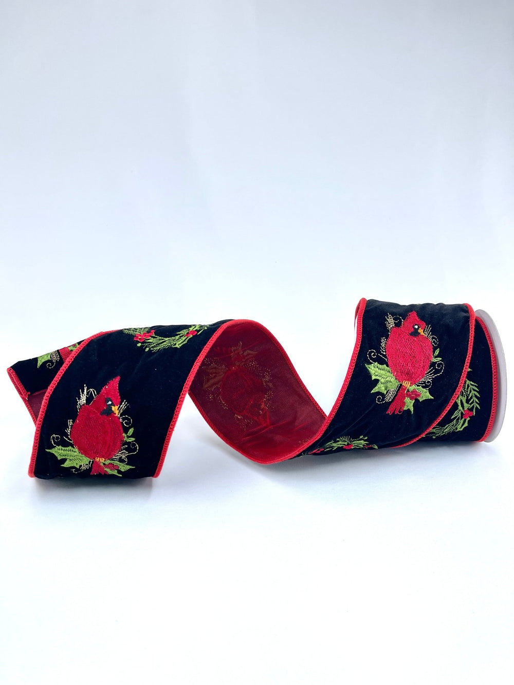 Black velvet with embroidered cardinals and wreaths 4” wired ribbon - Greenery MarketMTX69470