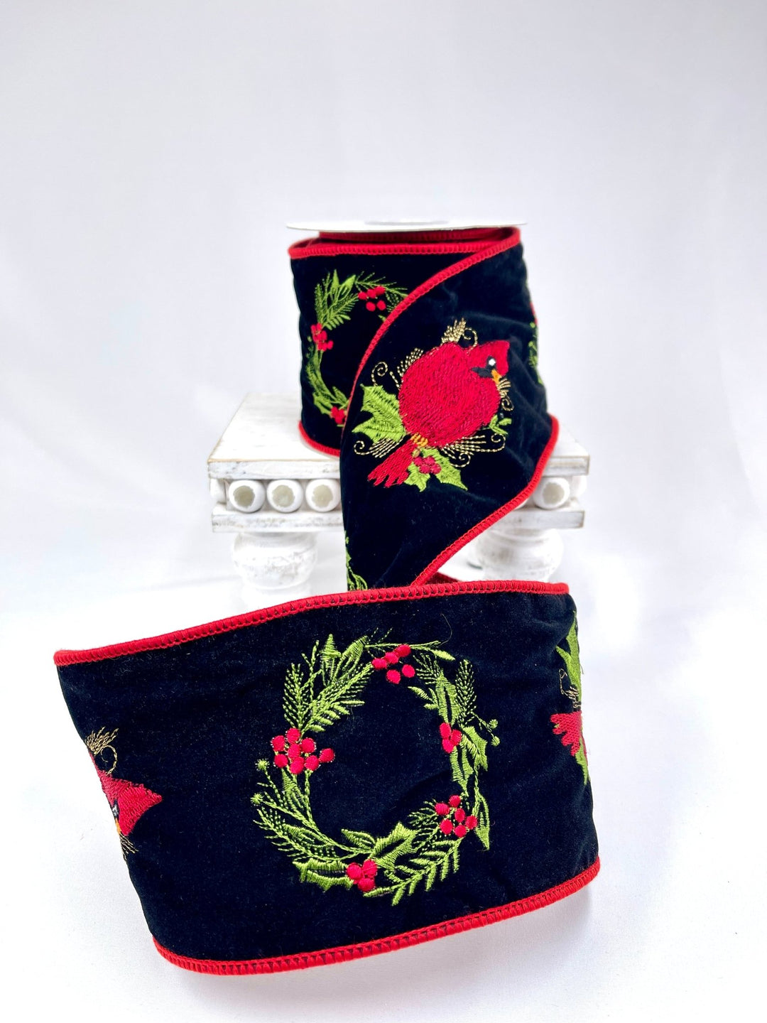 Black velvet with embroidered cardinals and wreaths 4” wired ribbon - Greenery MarketMTX69470