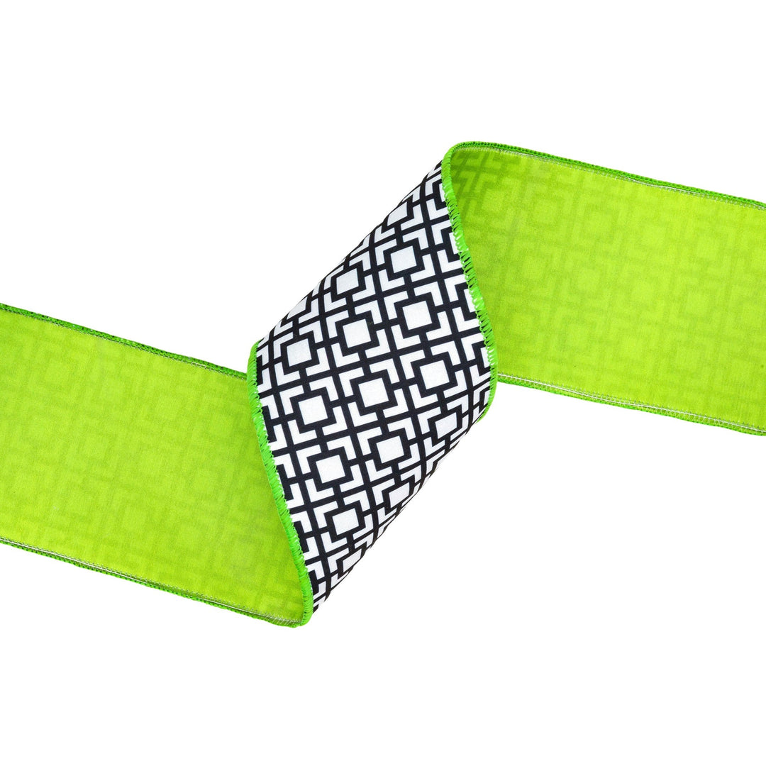 Black & White Breeze Block With Lime Green Backing Dupioni Wired Ribbon - 4" - Greenery MarketWired Ribbon9390W-031-100E