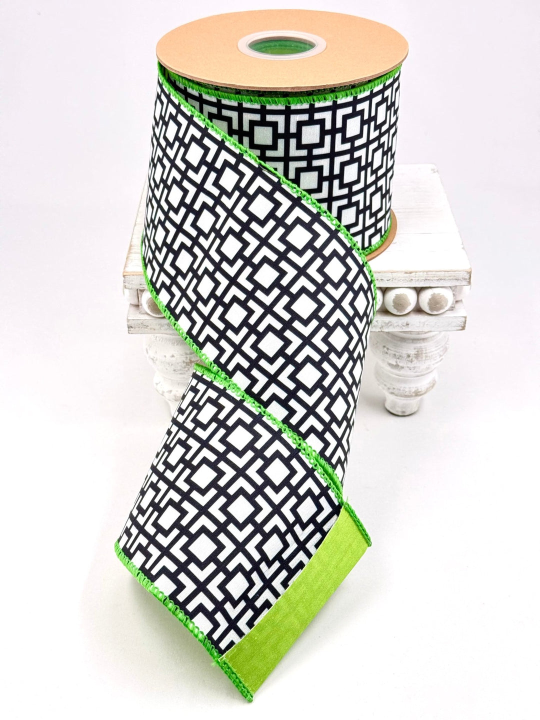 Black & White Breeze Block With Lime Green Backing Dupioni Wired Ribbon - 4" - Greenery MarketWired Ribbon9390W-031-100E