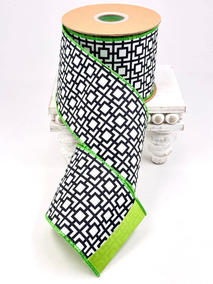 Black & White Breeze Block With Lime Green Backing Dupioni Wired Ribbon - 4" - Greenery MarketWired Ribbon9390W-031-100E