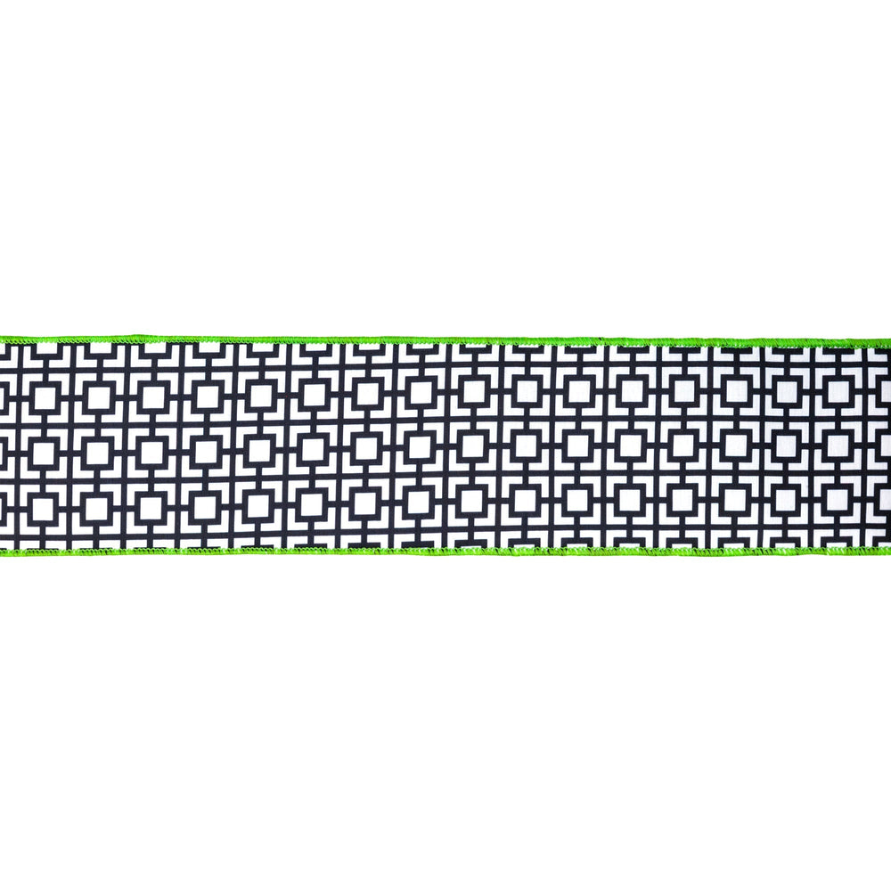 Black & White Breeze Block With Lime Green Backing Dupioni Wired Ribbon - 4" - Greenery MarketWired Ribbon9390W-031-100E
