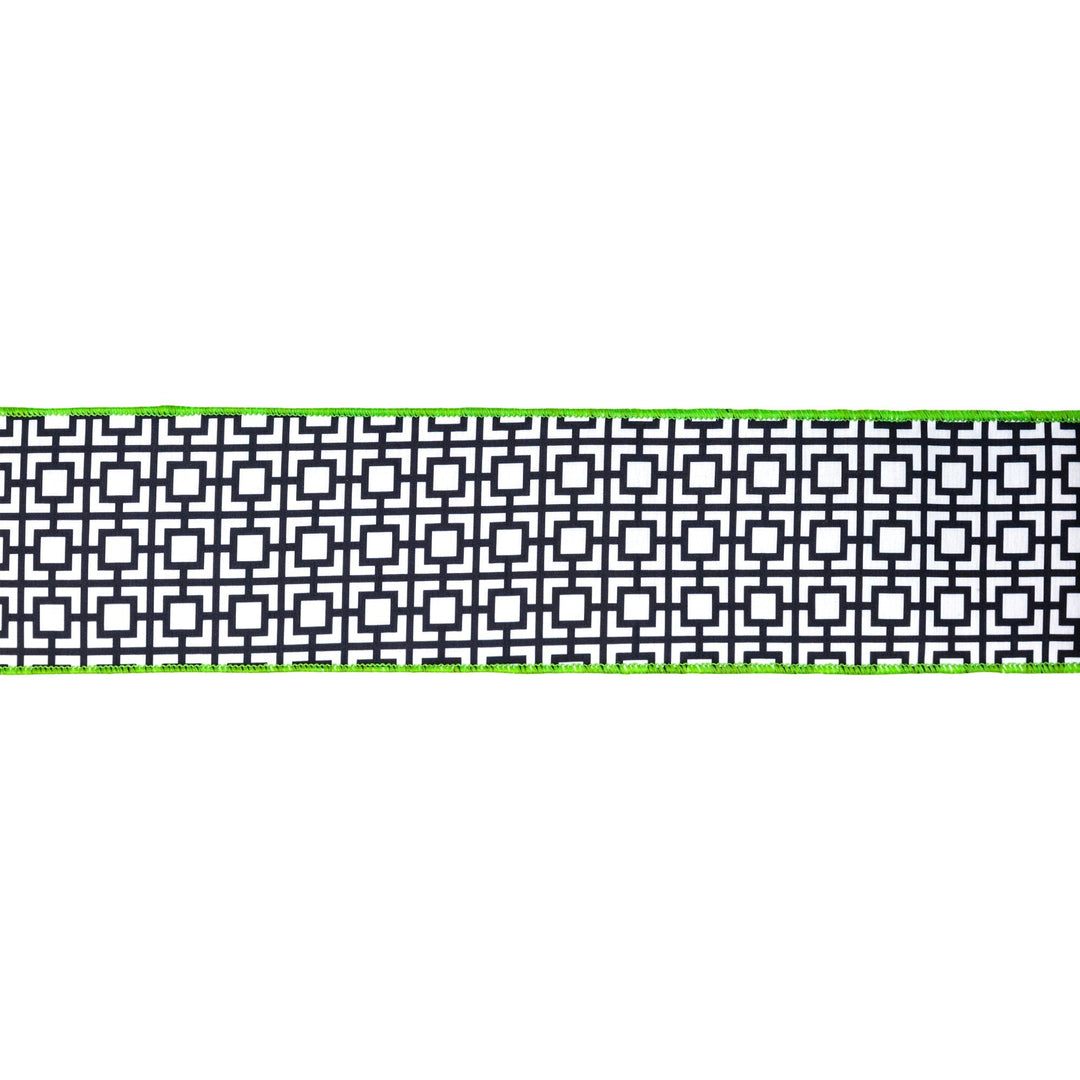 Black & White Breeze Block With Lime Green Backing Dupioni Wired Ribbon - 4" - Greenery MarketWired Ribbon9390W-031-100E