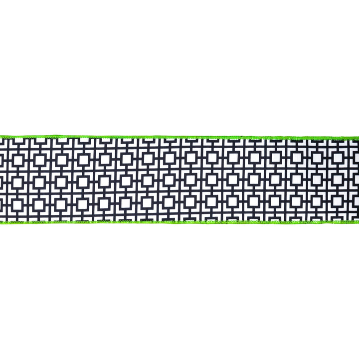 Black & White Breeze Block With Lime Green Backing Dupioni Wired Ribbon - 4" - Greenery MarketWired Ribbon9390W-031-100E