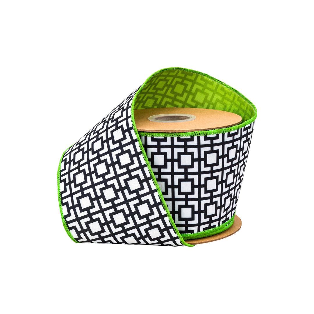 Black & White Breeze Block With Lime Green Backing Dupioni Wired Ribbon - 4" - Greenery MarketWired Ribbon9390W-031-100E