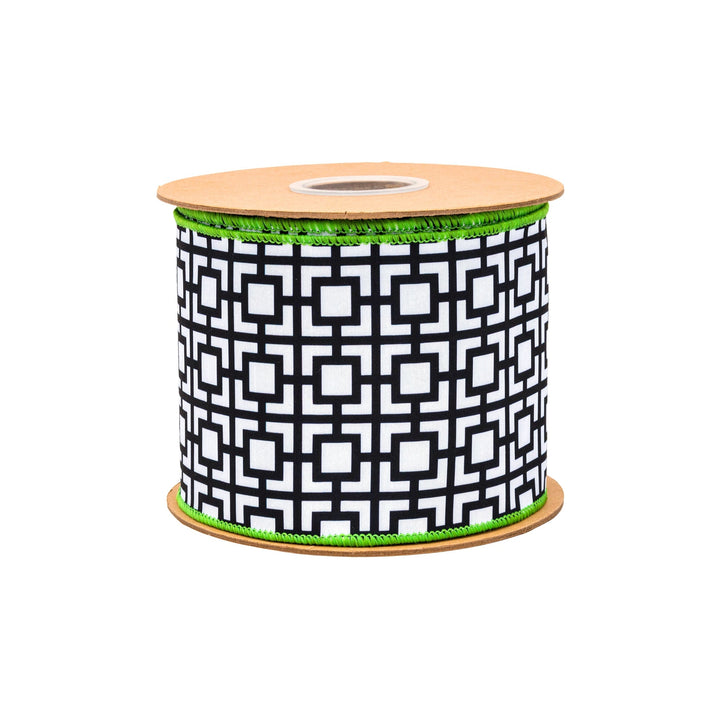 Black & White Breeze Block With Lime Green Backing Dupioni Wired Ribbon - 4" - Greenery MarketWired Ribbon9390W-031-100E