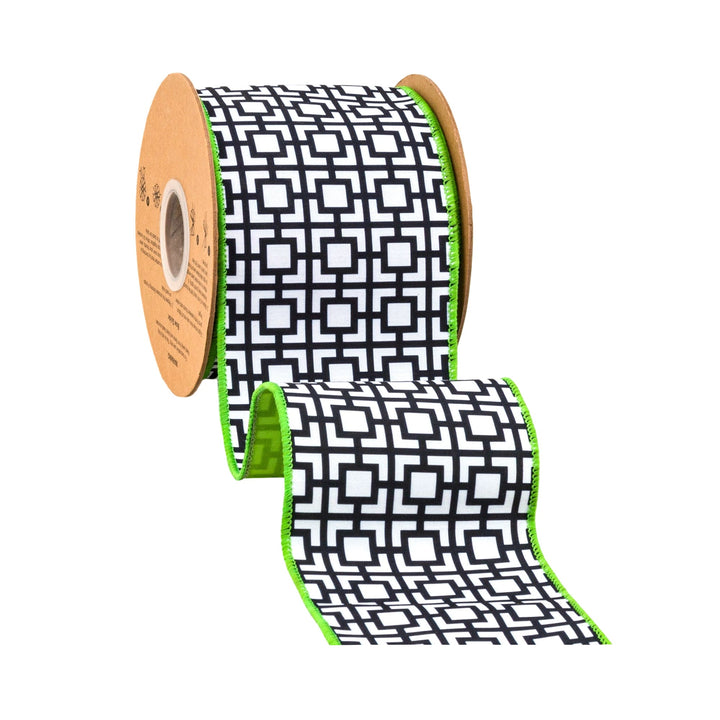 Black & White Breeze Block With Lime Green Backing Dupioni Wired Ribbon - 4" - Greenery MarketWired Ribbon9390W-031-100E