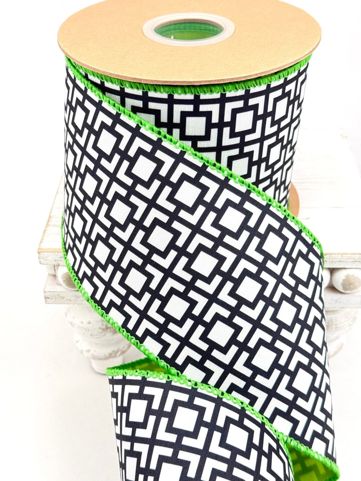 Black & White Breeze Block With Lime Green Backing Dupioni Wired Ribbon - 4" - Greenery MarketWired Ribbon9390W-031-100E