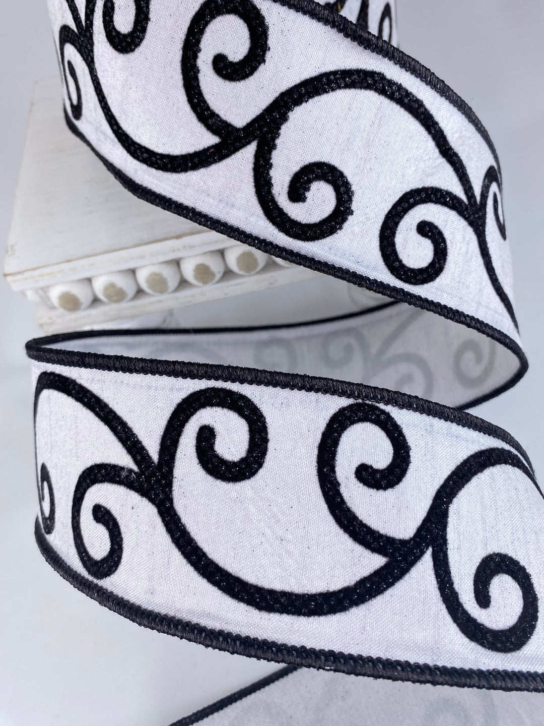 Black & White Curly Swirly Farrisilk Wired Ribbon - 2.5" - Greenery MarketRK678 - 92
