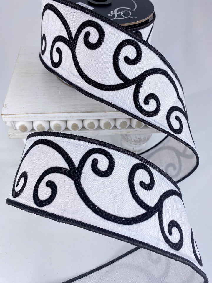 Black & White Curly Swirly Farrisilk Wired Ribbon - 2.5" - Greenery MarketRK678 - 92