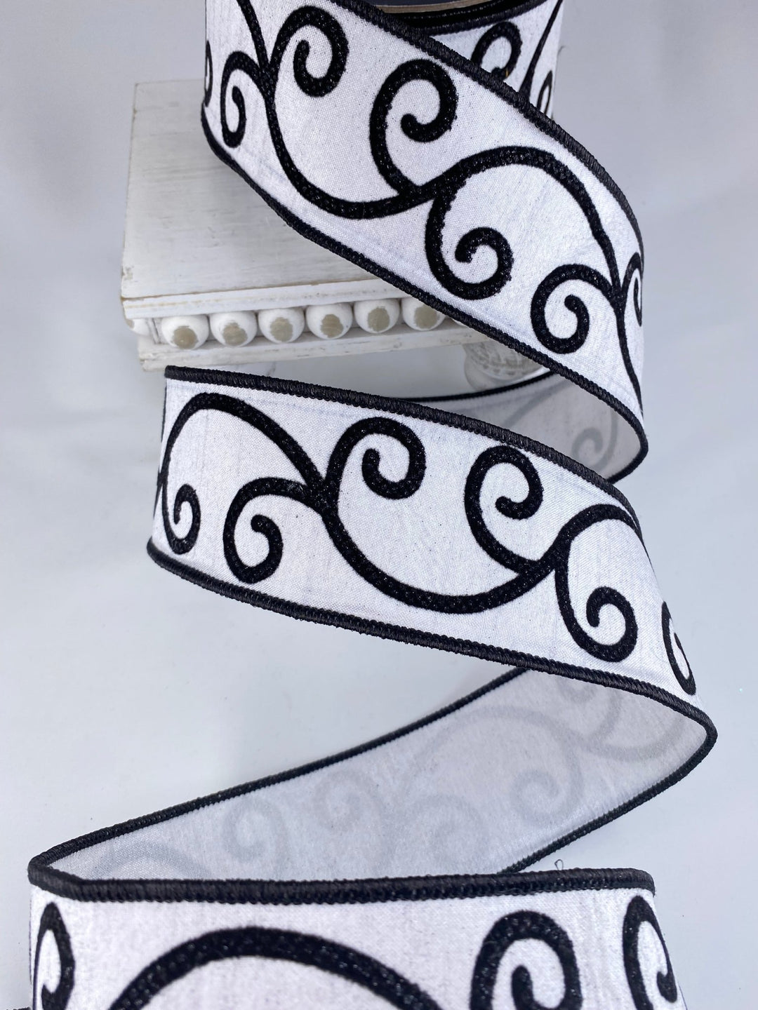 Black & White Curly Swirly Farrisilk Wired Ribbon - 2.5" - Greenery MarketRK678 - 92