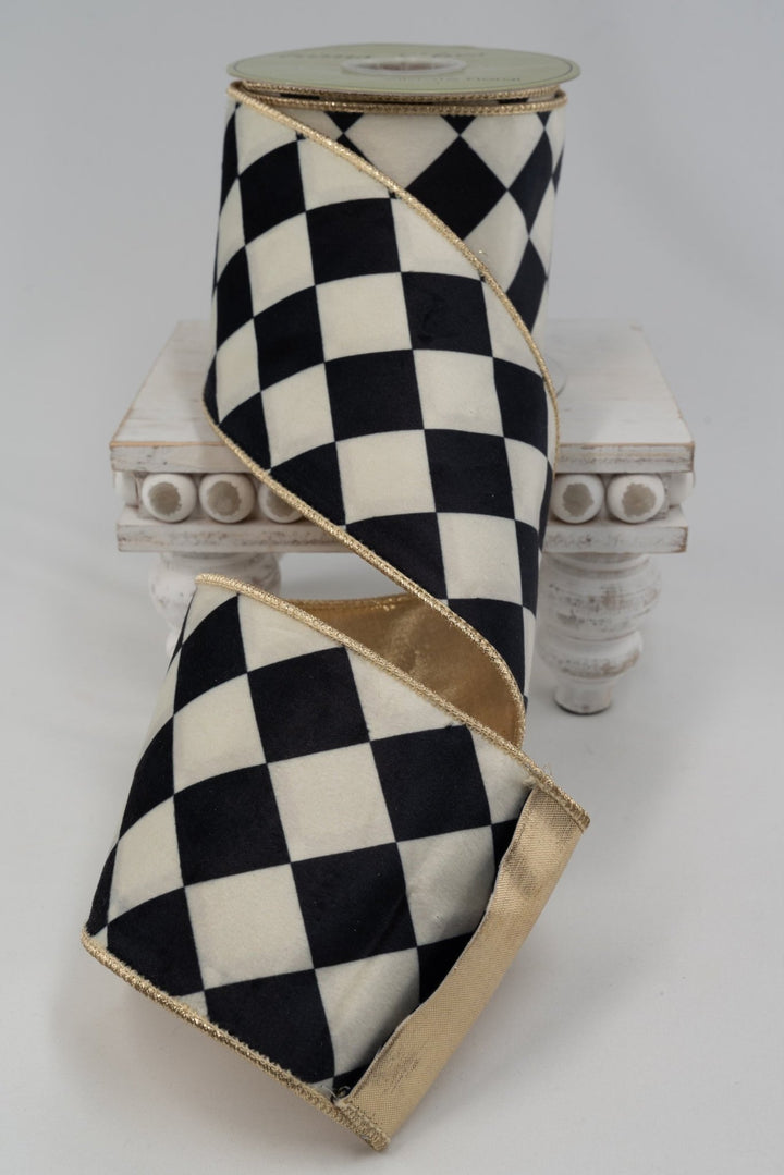 Black & White Diamond Velvet Ribbon - 4" - Greenery MarketRV5401-BK/WH