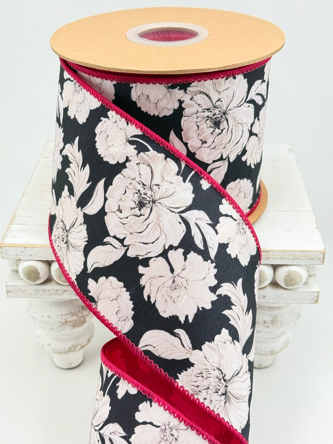 Black & White Floral with Pink Backing Wired Dupioni Ribbon - 4" - Greenery MarketWired Ribbon9392W-031-100E