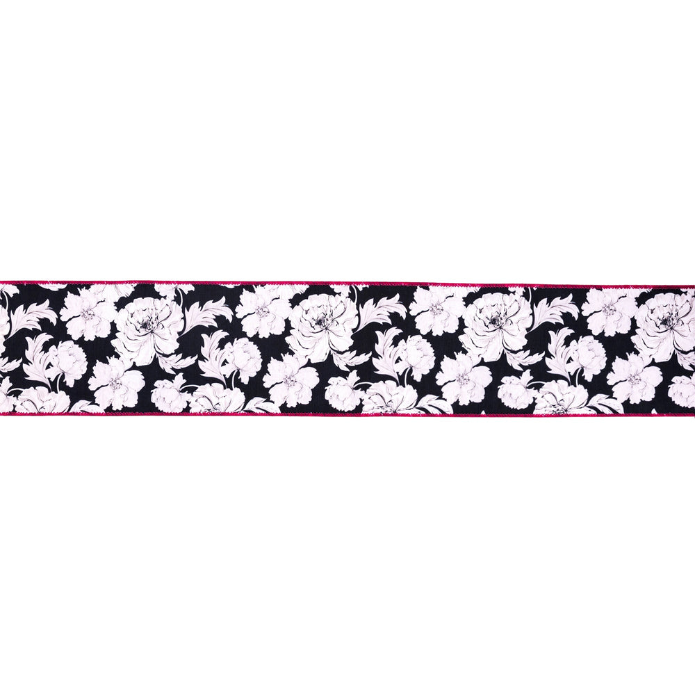 Black & White Floral with Pink Backing Wired Dupioni Ribbon - 4" - Greenery MarketWired Ribbon9392W-031-100E