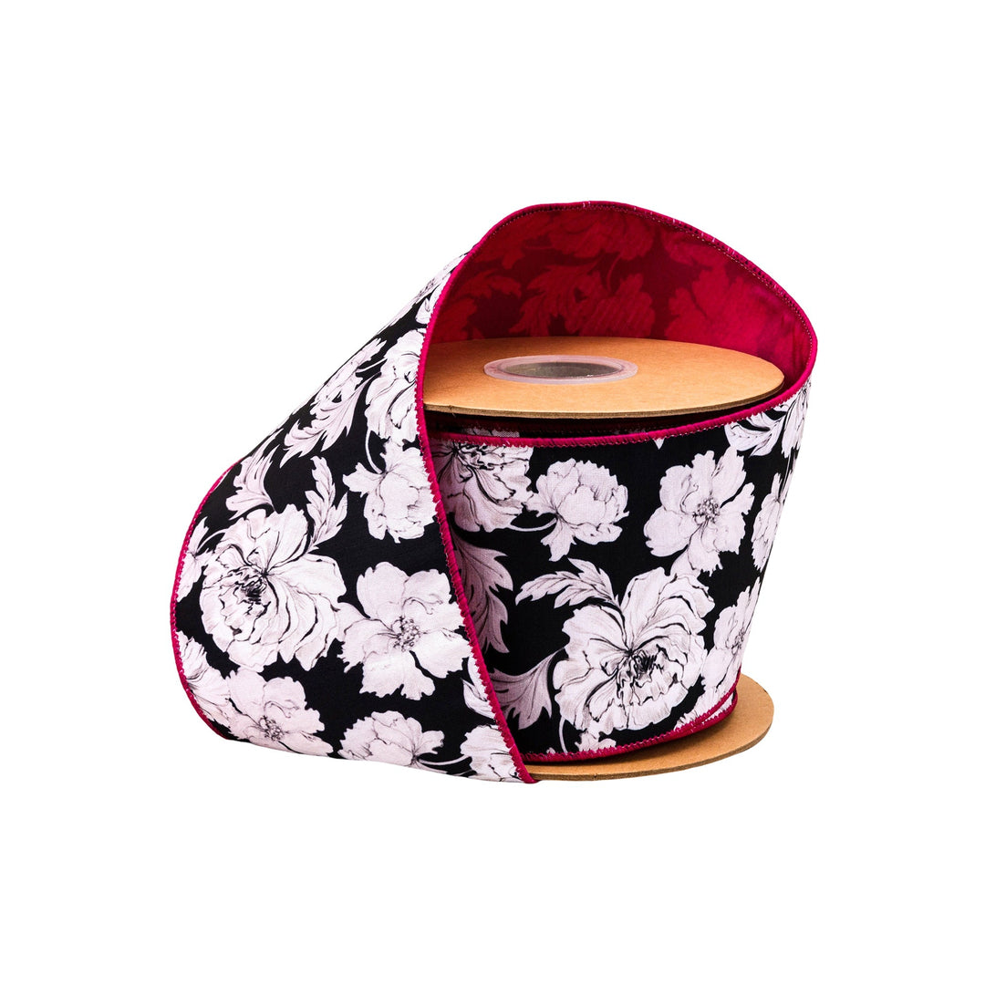 Black & White Floral with Pink Backing Wired Dupioni Ribbon - 4" - Greenery MarketWired Ribbon9392W-031-100E
