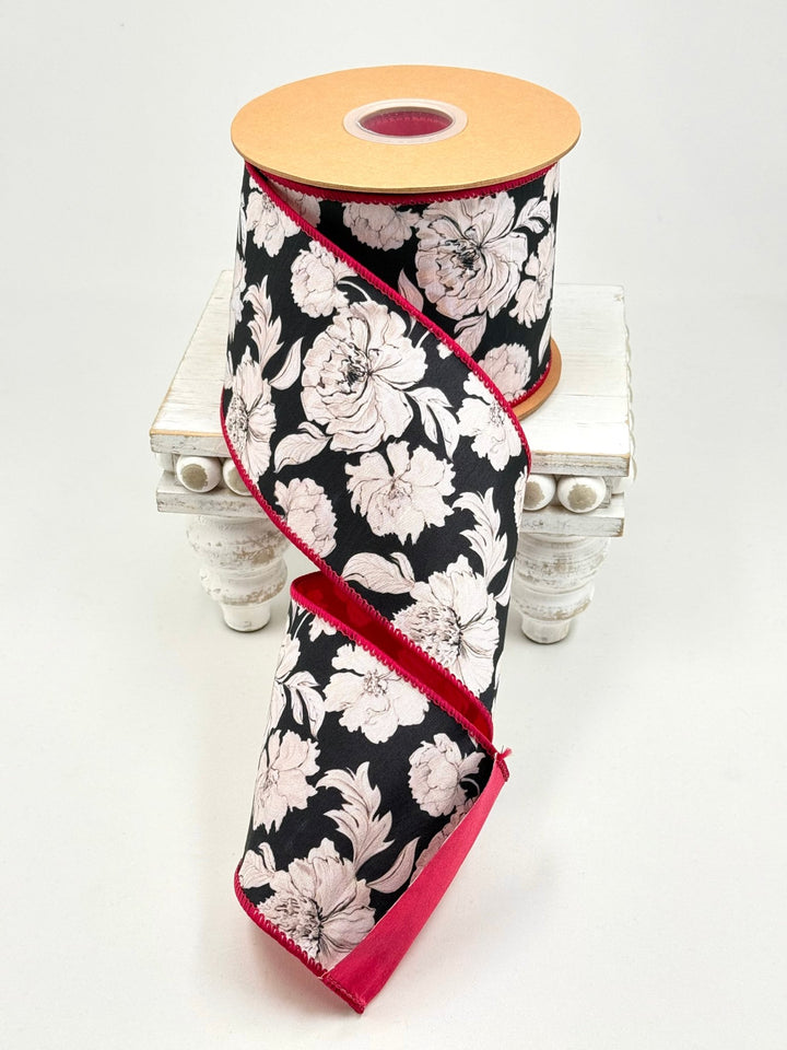 Black & White Floral with Pink Backing Wired Dupioni Ribbon - 4" - Greenery MarketWired Ribbon9392W-031-100E